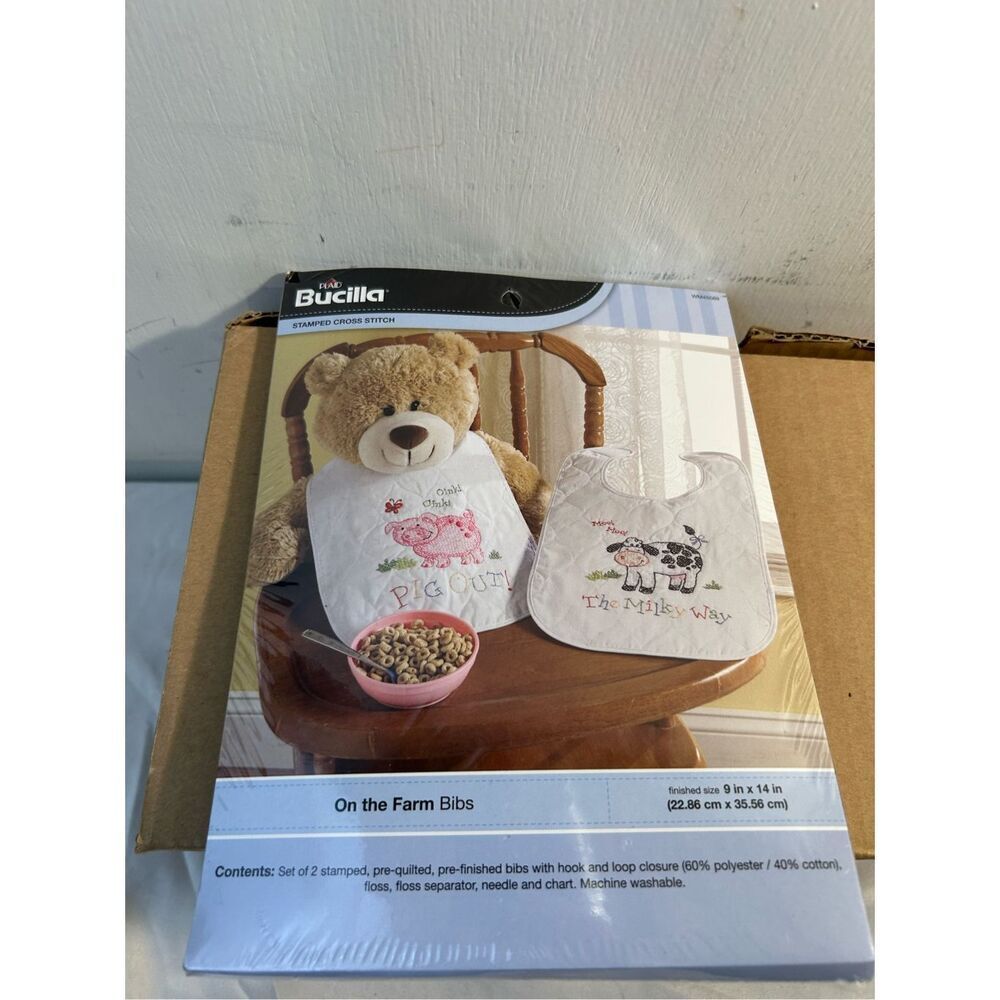 Bucilla 2010 On the Farm‎ 2 Stamped Bibs Pig Cow new #45569